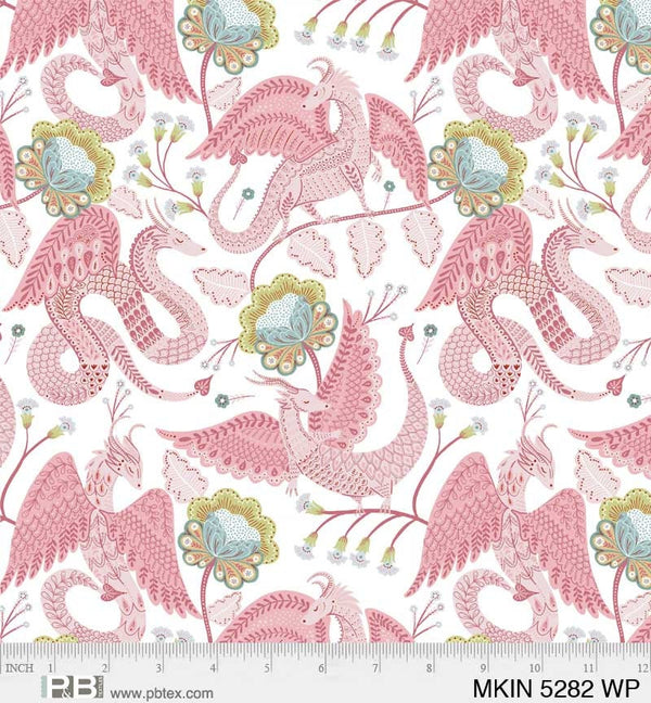 Mystical Kingdom Dragons on White/Pink - Priced by the Half Yard/Cut Continuous - Mystical Kingdom by P&B Textiles - MKIN 5282 WP