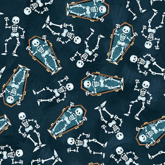 Dancing Skeletons Dark Teal - Glow in Dark - Priced by the Half Yard/Cut Continuous - Welcome Foolish Mortals - Shelly Comiskey - 1446G-77