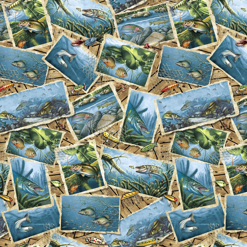Fish Postcards,  Keep it Reel, Fisherman Fisherwoman Fabric, 100% Cotton, 1356-70