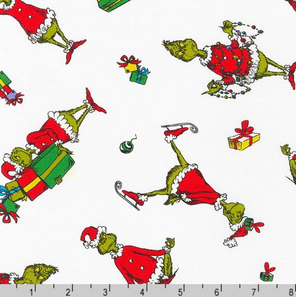 Grinch Holiday White - Licensed Dr. Seuss - 100% Quilting Cotton - Robert Kaufman - ADE-20996-223