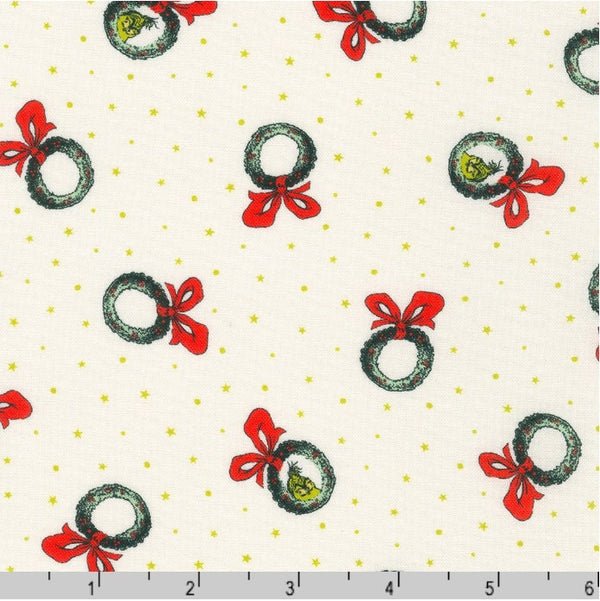 Grinch Wreaths Cream - Sold by the Half Yard - Licensed Dr. Seuss - 100% Quilting Cotton - Robert Kaufman - ADED-21779-223