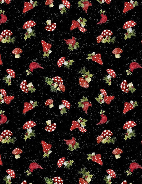 Mushroom Toss Black - Sold by the Half Yard - Baby It's Gnomes Out - Susan Winget for Wilmington Prints - 100% Cotton - 39805-917