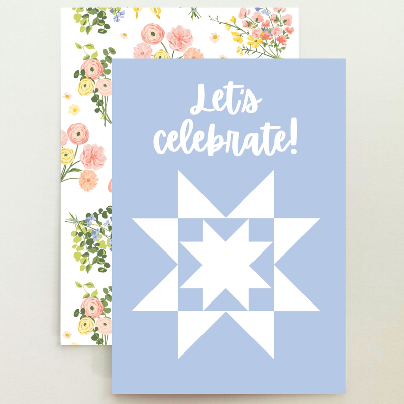 Quilt Star Blue Floral Let's Celebrate Card