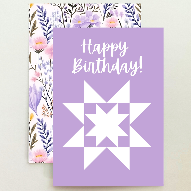 Quilt Star Purple Floral Birthday Card