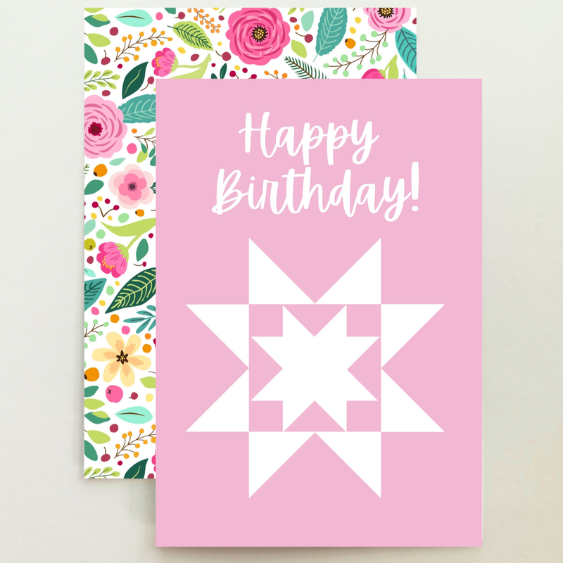 Quilt Star Pink Floral Birthday Card