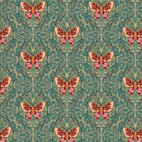 Mirrored Butterfly - Sold by the Half Yard - Folk Flora - 3 Wishes Fabric - 100% Cotton - 20827 GREEN