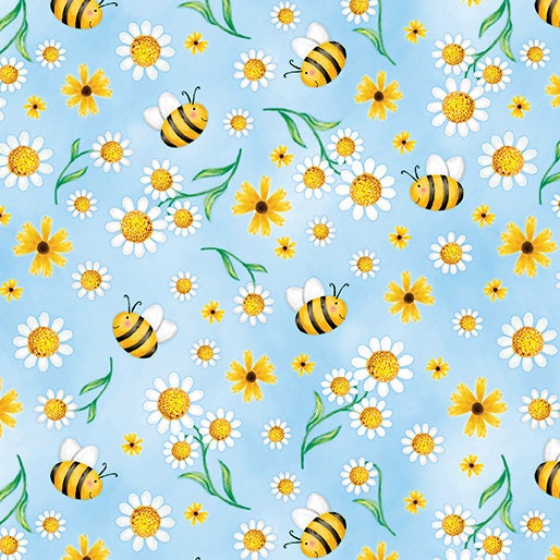 Daisies and Bees Blue - Sunshine Days - Priced by the Half Yard - Nicole DeCamp for Benartex - 14323-55