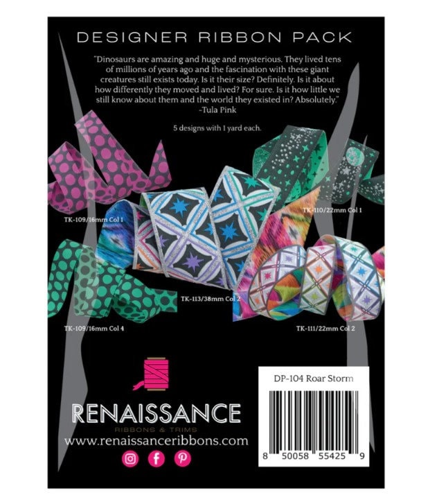 Tula Pink Roar! in Storm Ribbon Pack - Renaissance Ribbons - 5 Pcs - Renaissance Ribbons - SKU:DP-104 Roar Storm