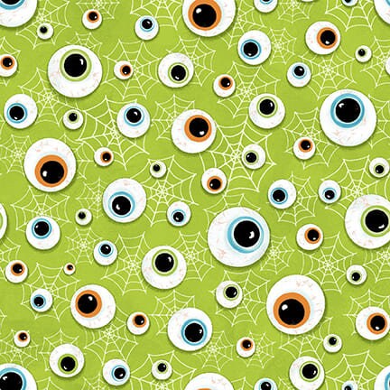 Welcome Foolish Mortals Eyeballs and Webs Green - Glow in Dark - Priced by the Half Yard/Cut Continuous - Shelly Comiskey - 1455G-66