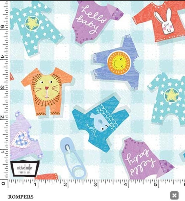 Baby Rompers Blue - Priced by the Half Yard/Cut Continuous - Baby Love by Tracy Cottingham for Michael Miller Fabrics - DC11586-BLUE