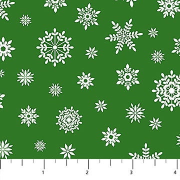 Snowflakes on Green - Priced by the 1/2 Yard/Cut Continuous - Letters to Santa by Simon Treadwell for Northcott Fabrics - 27135-74