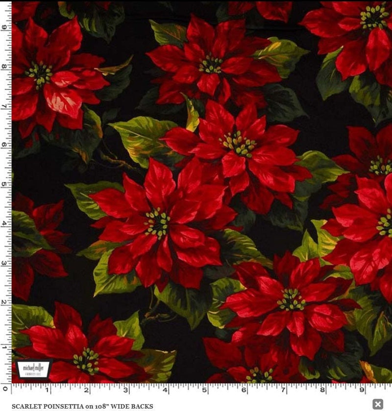 108" Scarlet Poinsettia Black Quilt Backing Fabric - Priced By The Half Yard/Cut Continuous - WBX3059-BLAC