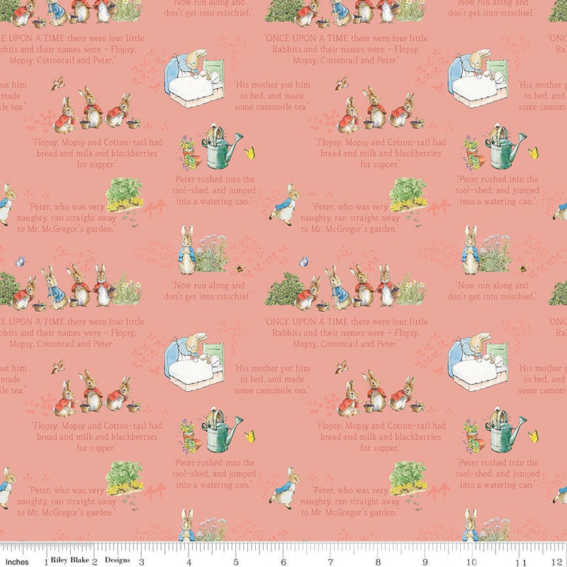 The Tale of Peter Rabbit Text Coral - Priced by the 1/2 Yard/Cut Continuous - Licensed to Riley Blake Designs - C14701-Coral