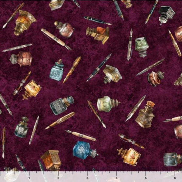 Pen & Ink Toss on Burgundy - Priced by the 1/2 Yard/Cut Continuous - Bookworm by Morris Creative Group for QT Fabrics - 30456 M