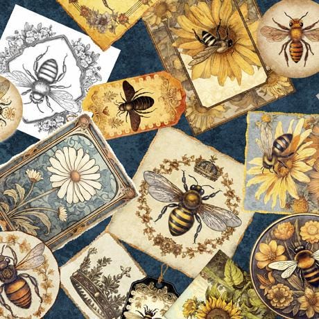 108" Bee Collage Midnight - Priced by the Half Yard/Cut Continuous - Queen Bee by Dan Morris Creative Group - 30483 W