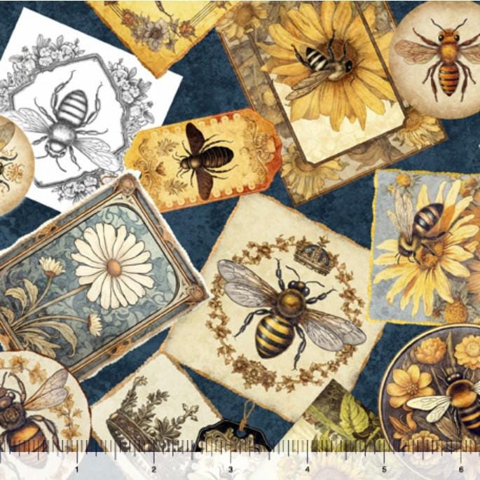 108" Bee Collage Midnight - Priced by the Half Yard/Cut Continuous - Queen Bee by Dan Morris Creative Group - 30483 W