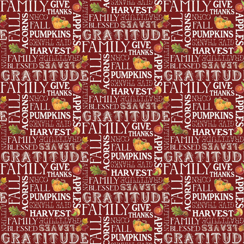 Thanksgiving Text on Barn Red fabric - 100% Cotton