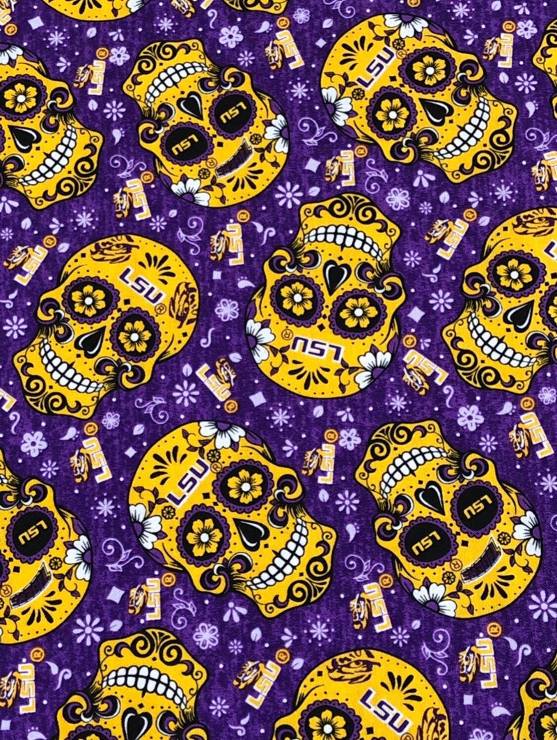 LSU Sugar Skulls Fabric By The Yard - Tigers - College Cottons - 100% Cotton - Sykel Enterprises
