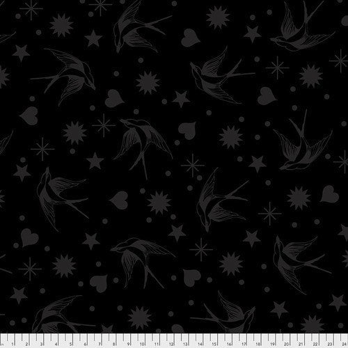 Tula Pink Linework Fairy Flakes - Ink (black) - Fabric By The Yard - 100% Cotton - Free Spirit Fabrics - Stars - Birds