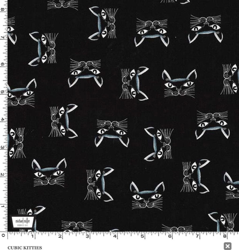 Cubic Kitties - Black - Fabric By The Yard - 100% Cotton - Michael Miller Fabrics - Cat Fabric - CX8038