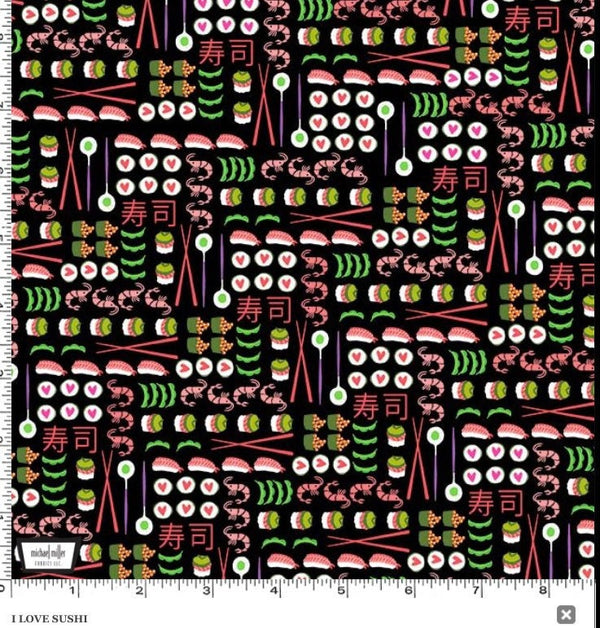 I Love Sushi in Black - Geisha Girls Collection - Fabric By The Yard - 100% Cotton - Michael Miller Fabrics - CX9469-BLAC-D