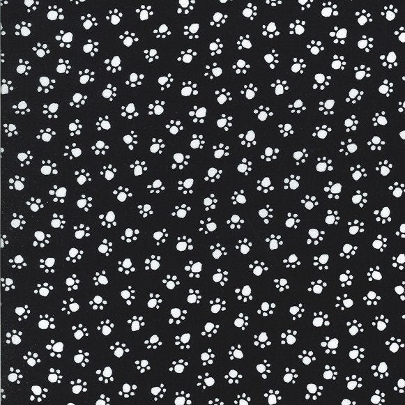 Paw Prints - White on Black - Fabric By The Yard - 100% Cotton - Michael Miller Fabrics - CX5456-BLAC-D