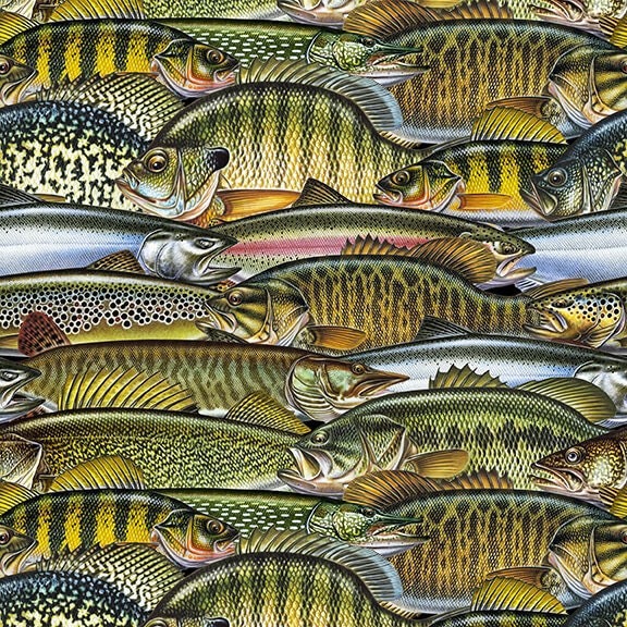 Fish Collage,  Keep it Reel, Fisherman Fisherwoman Fabric, 100% Cotton, 1357-60