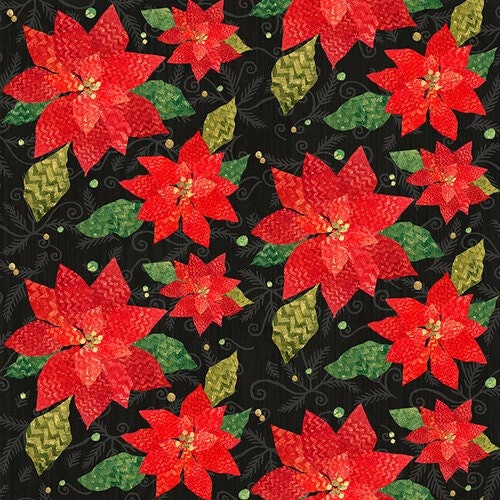 Poinsettias Red/Black - 2-ply Flannel - Winter Elegance - 100% Cotton - Henry Glass Fabrics - F9528-98