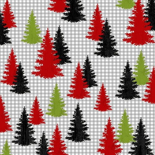 Colored Trees on Gray Check - 2-ply Flannel - Winter Elegance - 100% Cotton - Henry Glass Fabrics - F9533-98