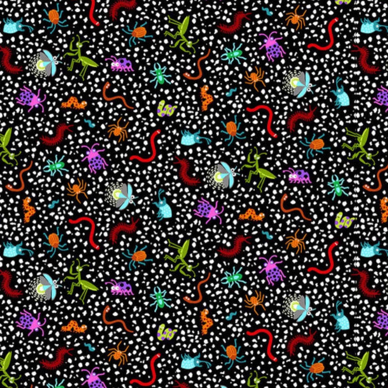 Tossed Bugs on Black - Multicolor - Glow in the Dark - Fabric By The Yard - 100% Cotton - StudioE - 5761G-99