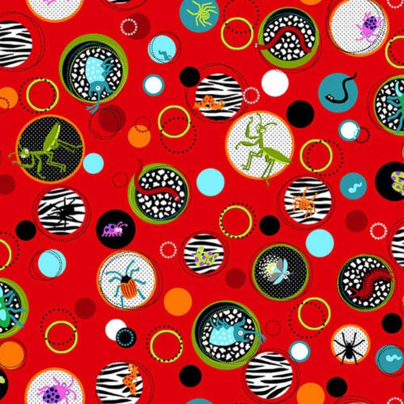Bugs in Big Dots on Red - Multicolor - Glow in the Dark - Fabric By The Yard - 100% Cotton - StudioE - 5761G-88