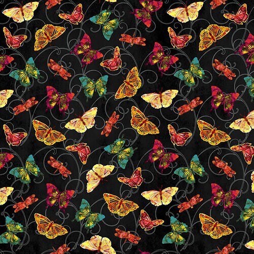 Butterfly Tossed on Black - Butterflies - Fabric By The Yard - 100% Cotton - StudioE - 5414-99