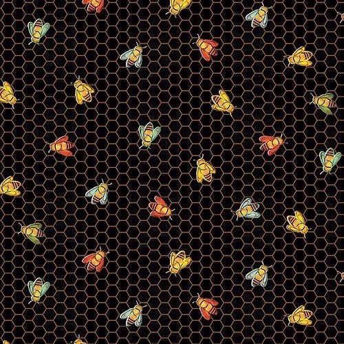Bees on Honeycomb Black - Honeybees - Fabric By The Yard - 100% Cotton - StudioE - 5415-99
