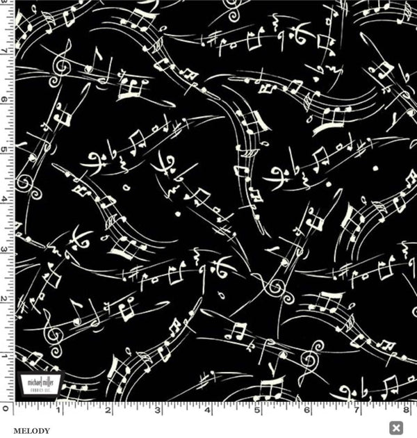 Melody White on Black - Music Notes - Musical Cats - 100% Cotton - Michael Miller Fabrics - Fabric by the Yard - DCX9901-BLAC-D