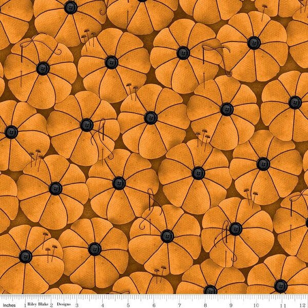 Old Made Pumpkin Pins Orange - Halloween - 100% Cotton - J Wecker Frisch for Riley Blake Designs