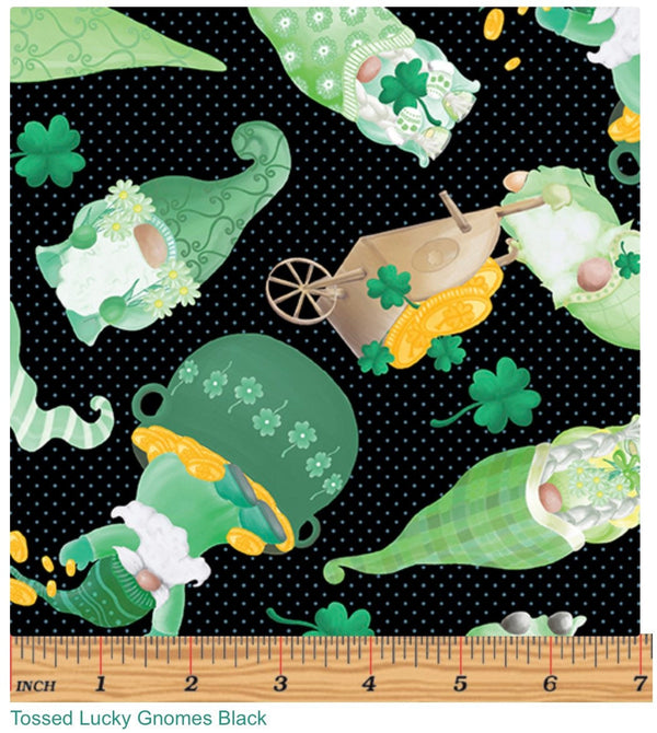 Tossed Lucky Gnomes Black - Andi Metz for Benartex - 100% Cotton - St. Patrick’s Day - 1266412B