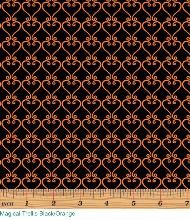 Magical Trellis Black/Orange - Spooktacular Gnomes - Andi Metz for Benartex - 100% Cotton - 12802-98