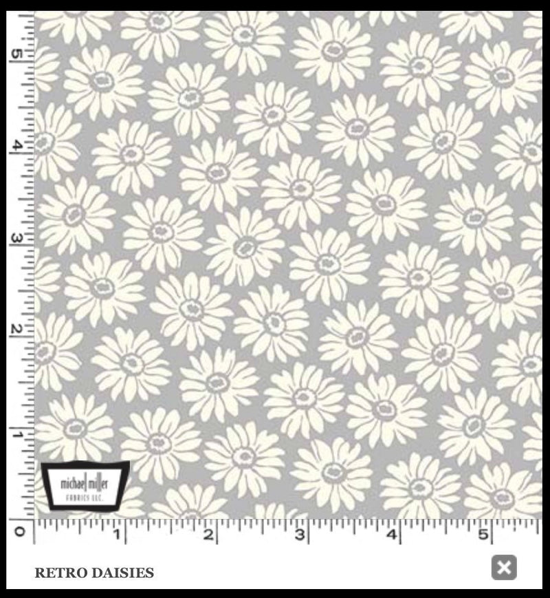 Retro Daisies - White Daisies on Gray Background - Fabric By The Yard - 100% Cotton - Michael Miller Fabrics - CX10439-GRAY-D