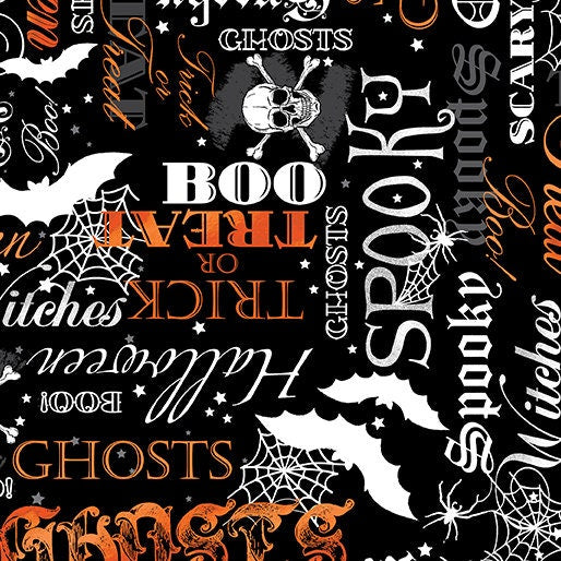 Spooky Words Orange/Black - Glow in the Dark - Halloween Spirit - 100% Cotton - Benartex - 12550G-37