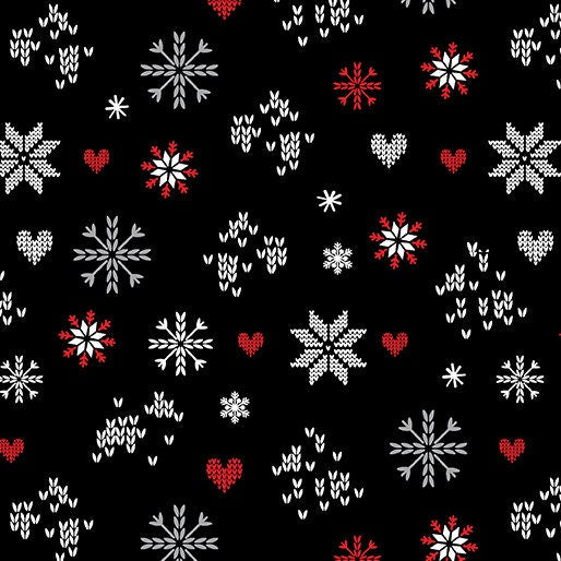 Snowflake Love Black - Knit & Caboodle - Snowflake Fabric - 100% Quilting Cotton - Benartex - 12753-12