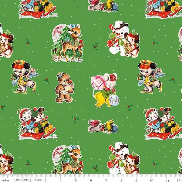 Vintage Toys Fabric, Main Print on Green, Christmas Joys, The Cottage Mama Riley Blake Designs, 100% Cotton, Christmas fabric, C12250-GREEN