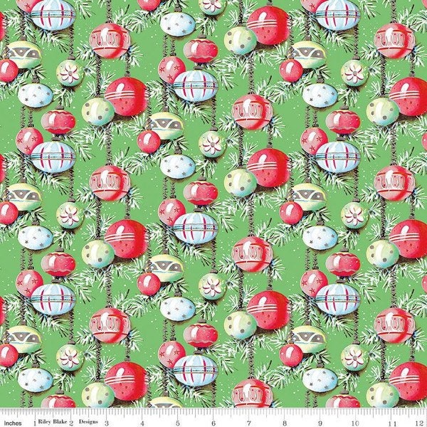 Vintage Ornaments on Green, Christmas Joys, The Cottage Mama Riley Blake Designs, 100% Cotton, Christmas fabric, C12251-GREEN