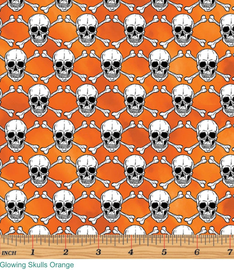 Glowing Skulls Orange - Glow in the Dark - Halloween Spirit - 100% Cotton - Benartex - 12546G-38