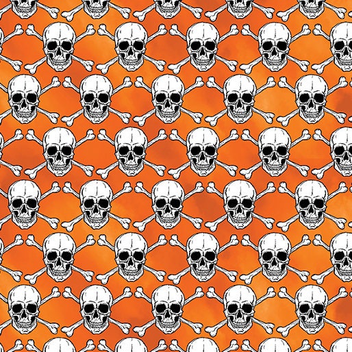 Glowing Skulls Orange - Glow in the Dark - Halloween Spirit - 100% Cotton - Benartex - 12546G-38