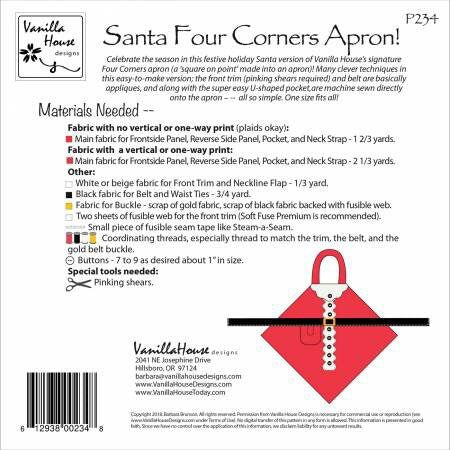 Santa Four Corners Apron Pattern - One Size - Vanilla House Designs 