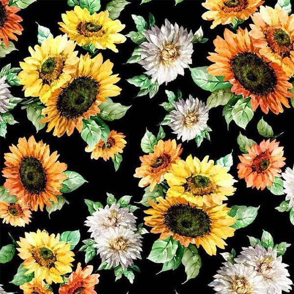 Blooming Sunflowers on Black - 100% Cotton - Sunflower Festival 