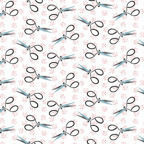 Tossed Scissors on White - Love You Sew - Nancy Archer for Studio E 