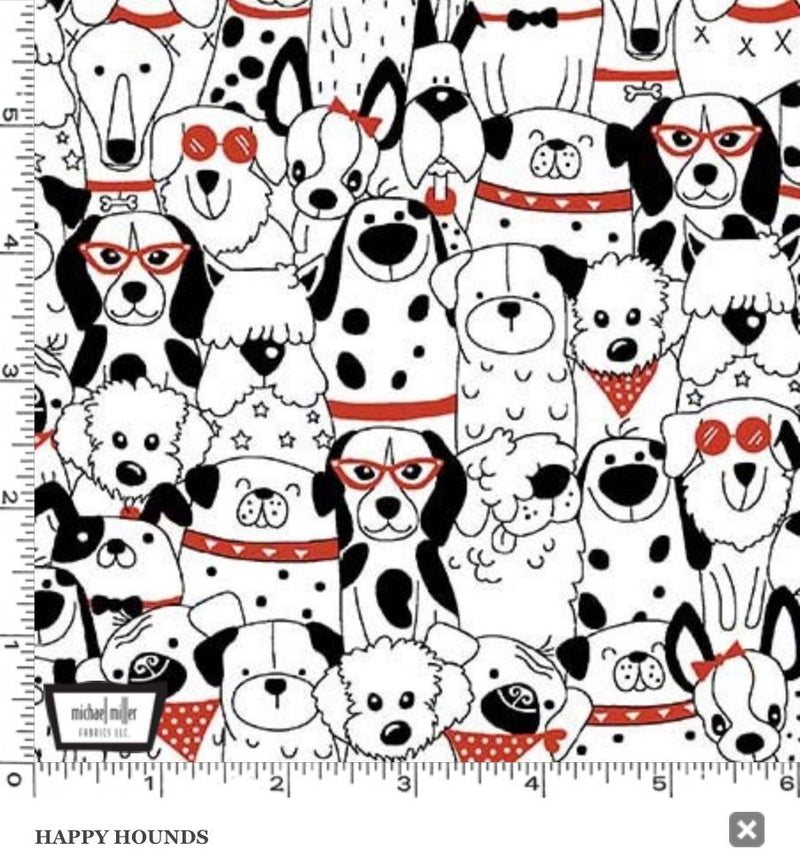 Happy Hounds on White - Black White and Red - 100% Quilt Shop Quality Cotton 