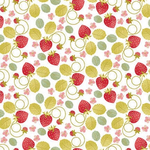 Tossed Strawberries on White - Love You Sew - Nancy Archer for Studio E 