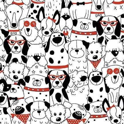 Happy Hounds on White - Black White and Red - 100% Quilt Shop Quality Cotton 